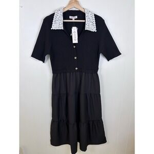 NEW NANETTE LEPORE Women's L Lace Collar Tiered‎ Midi Dress Black Knit Top $158